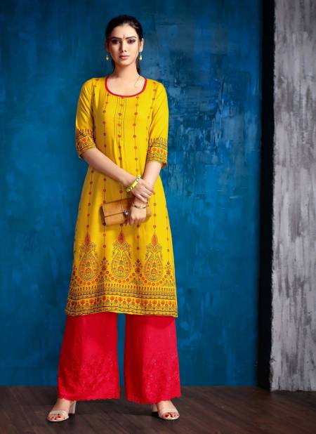 Yellow Ethnic Wear Rayon Printed Latest Designer Kurti Collection Delight-5